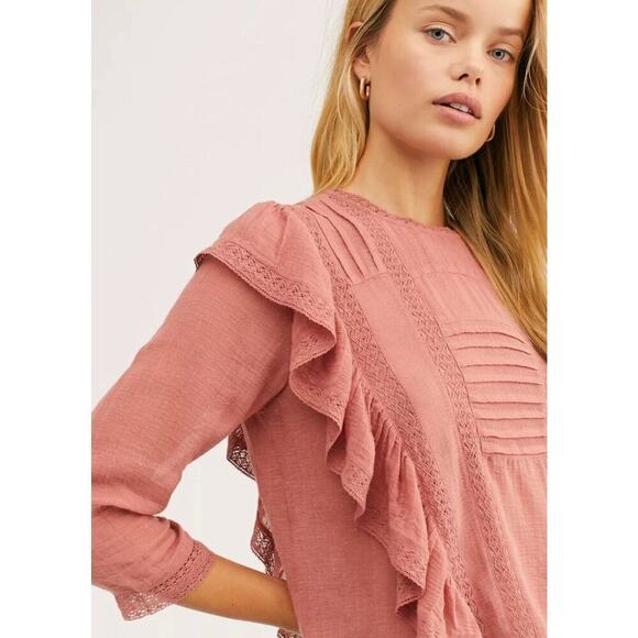 Free People Jasmine Ruffle Lace Boho Peasant Gauzy Victorian Cotton Blouse Sz S - Picture 3 of 11